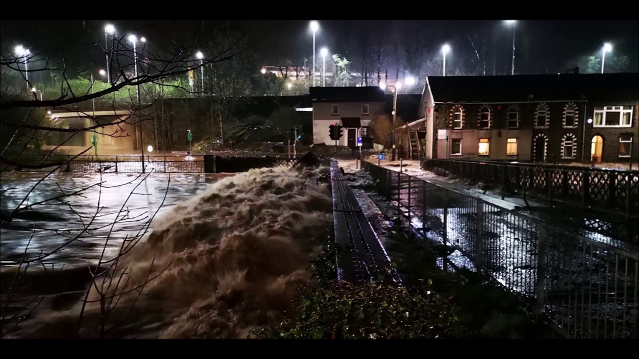 River Taff in Flood Castle Inn Bridge Treforest Pontypridd during Storm Dennis 15/02/20