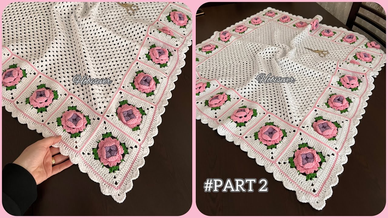 Детское одеяло Square 3D Rose Easy Crochet / Бордюр для одеяла / СУБТИТРЫ