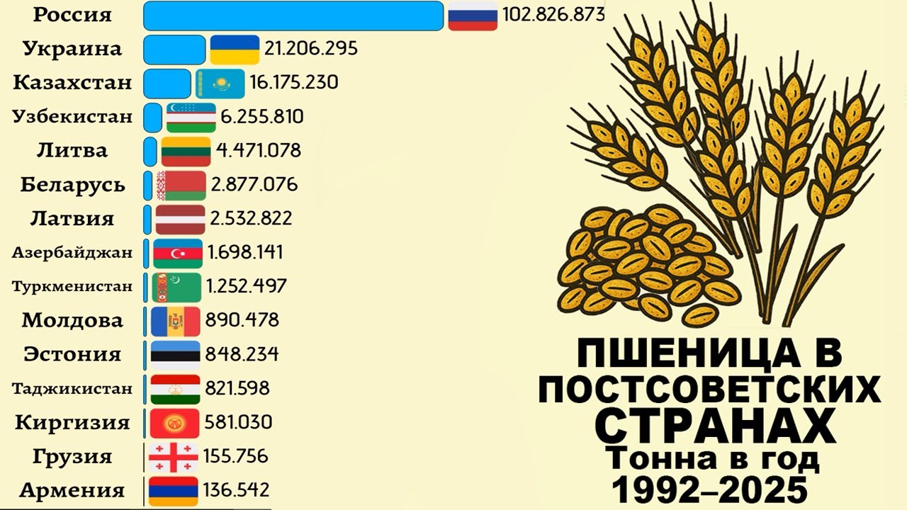 Производство пшеницы в странах бывшего СССР (1992–2024)
