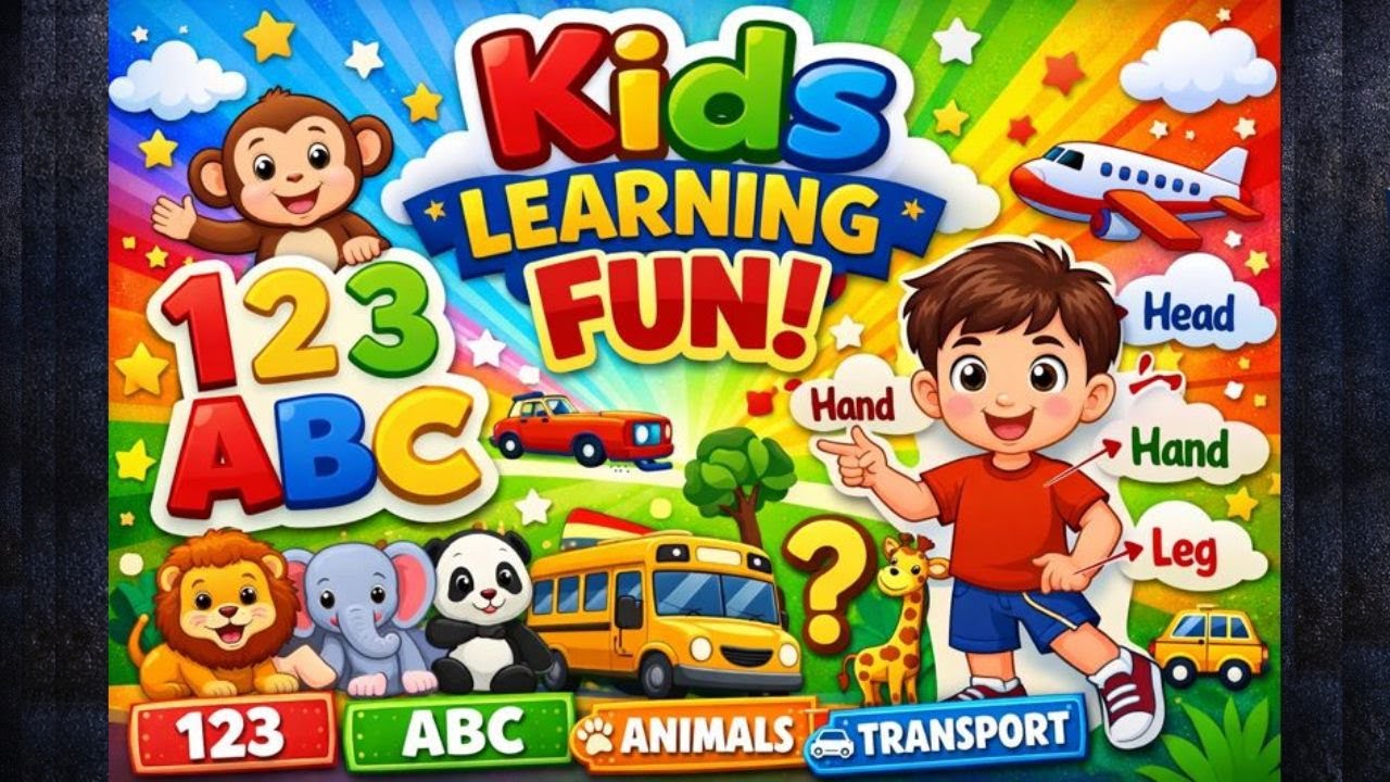 Kids Learning Video | Numbers & Alphabets | Animals, Transport & Body Parts Names | Fun for Kids