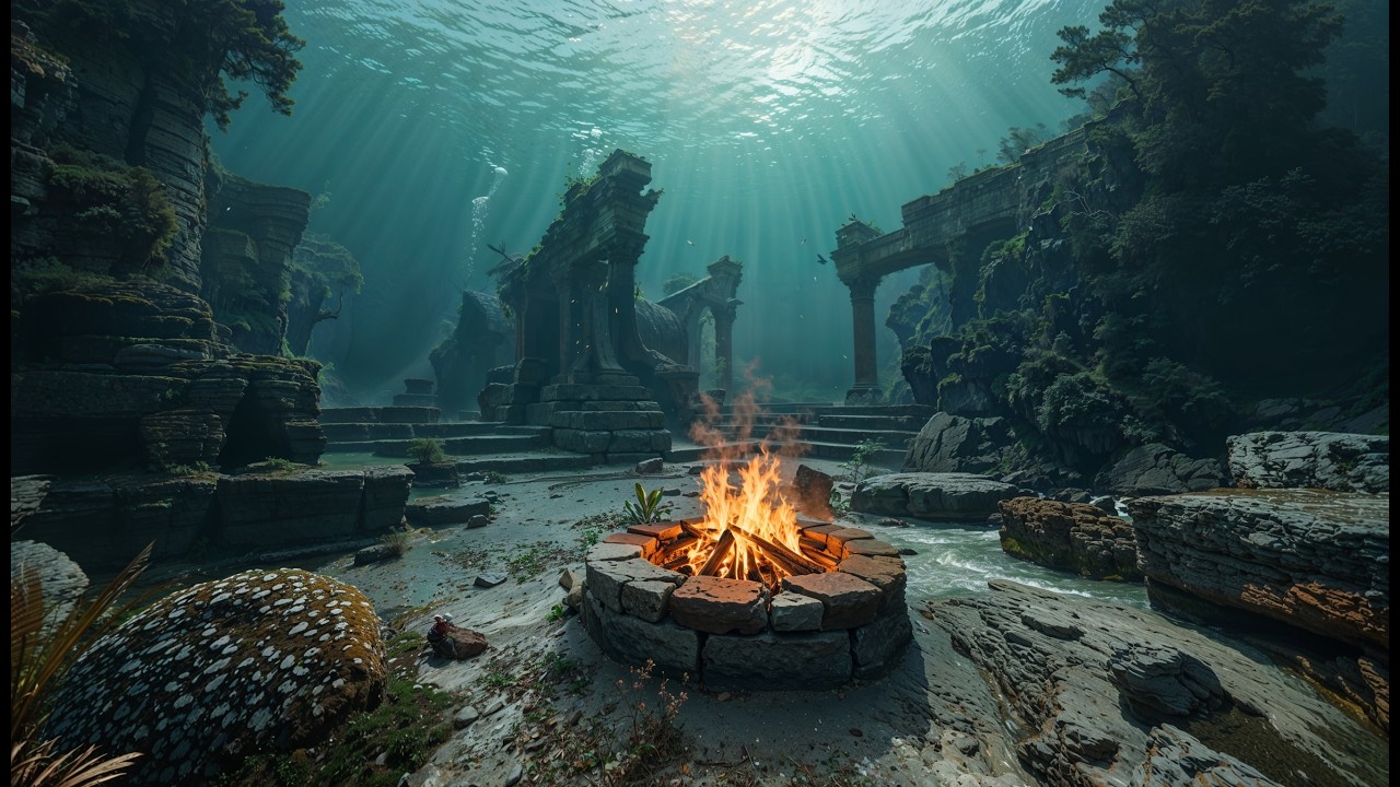 Underwater Ancient Ruins Fireplace Dark Academia Piano Deep Sleep Ambient