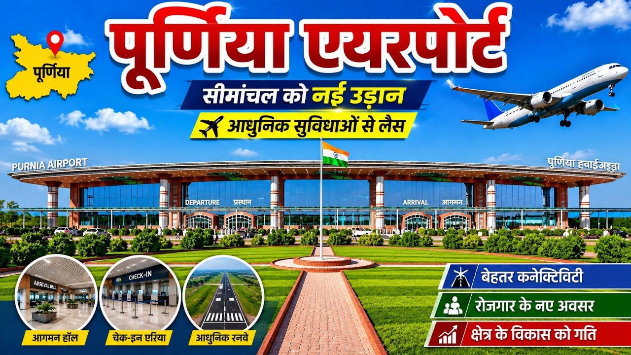 Purnea Airport Permanent terminal building Capacity, Aero bridge, Departure, Arrival, Ramp, ATB