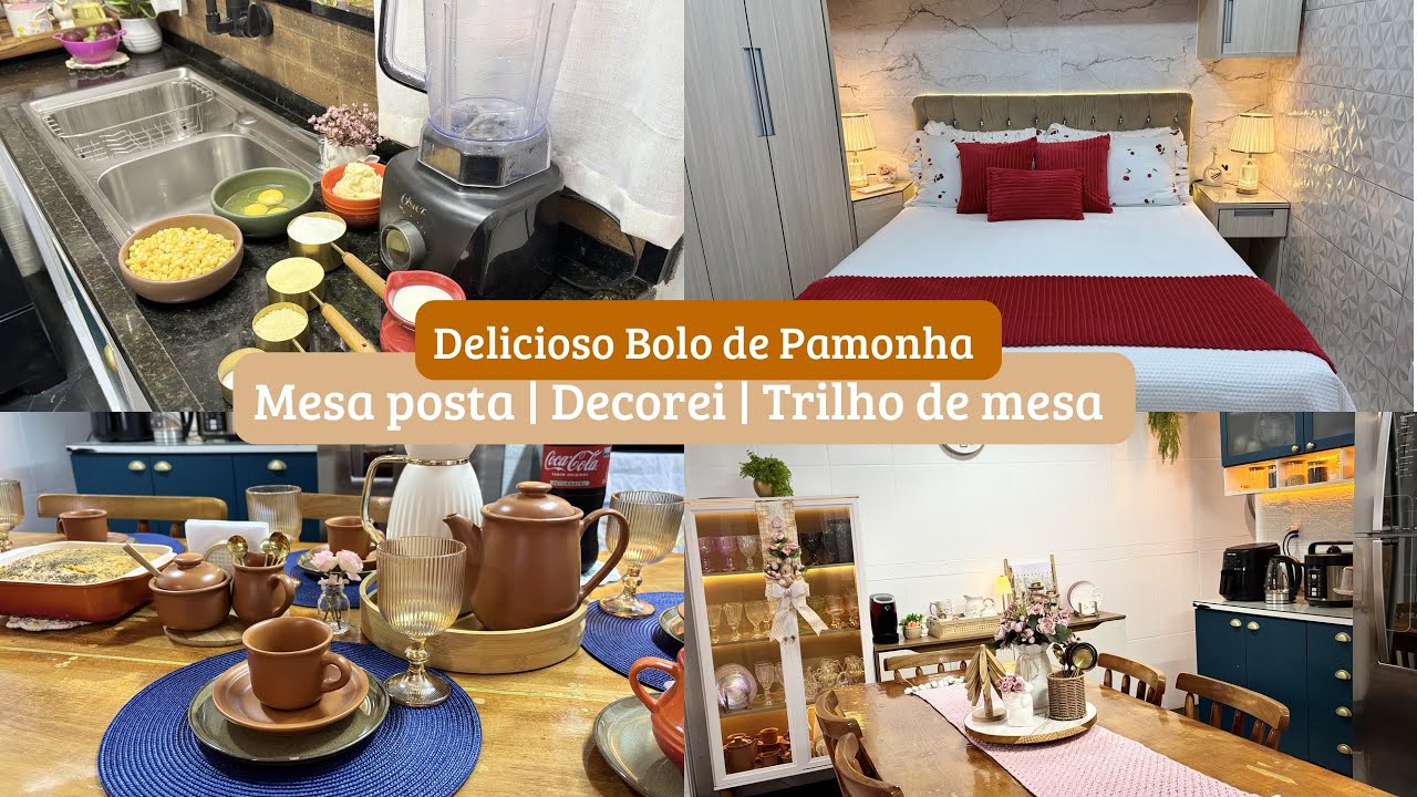 Bolo de pamonha delicioso 🫔Decorei o cantinho do café / Esse trilho de mesa ficou lindo/ Cama posta.