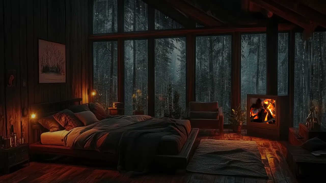 Rainy Night with Crackling Fireplace in a Cozy Cabin for Deep Sleep and Stress Relief
