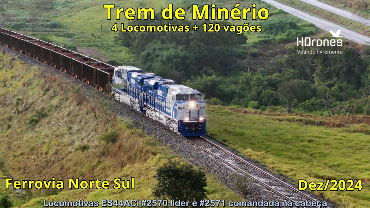 Segundo Trem carregado de Minério acelerando forte na rampa do km 1514 - Ferrovia Norte Sul - Goiás
