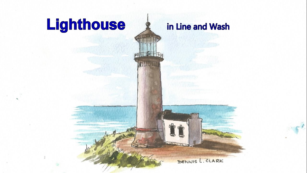 Line and wash watercolor painting tutorial - how to draw and paint a lighthouse in pen and wash