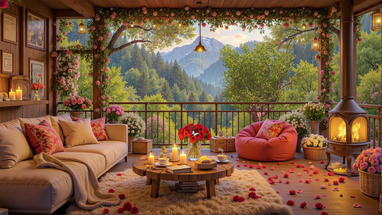 Peaceful Forest Rain Coffee Shop 🌧️🌲🔥 Gentle Jazz & Fireplace for Work & Study
