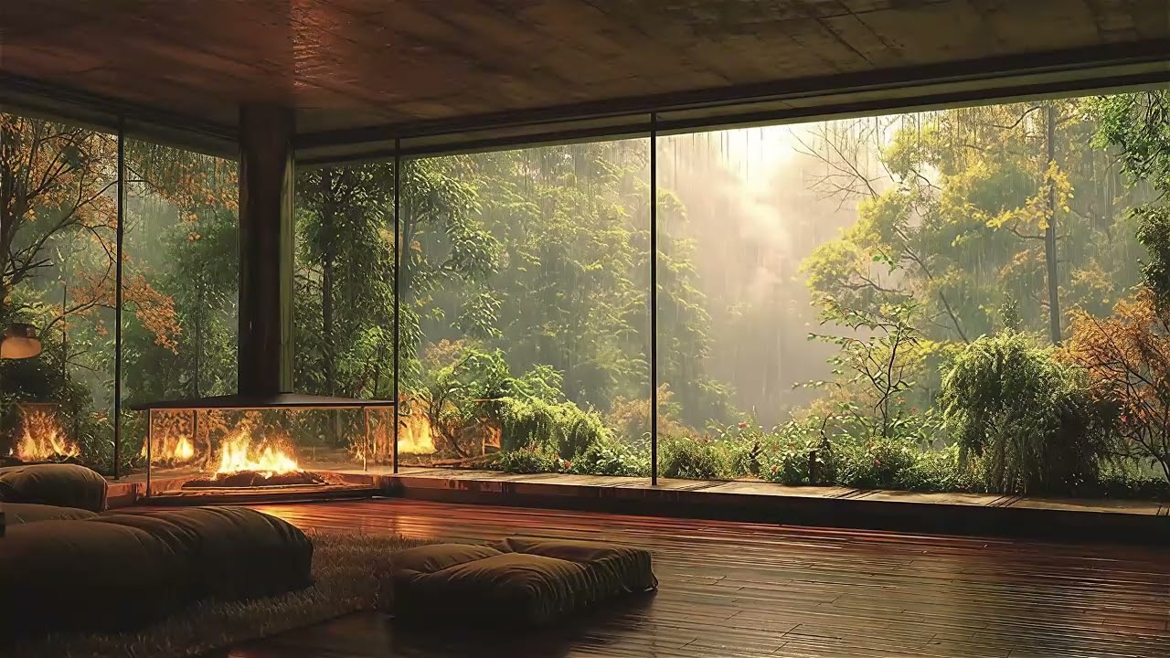Slow Piano Music Inside While Rain Softly Falls Outside