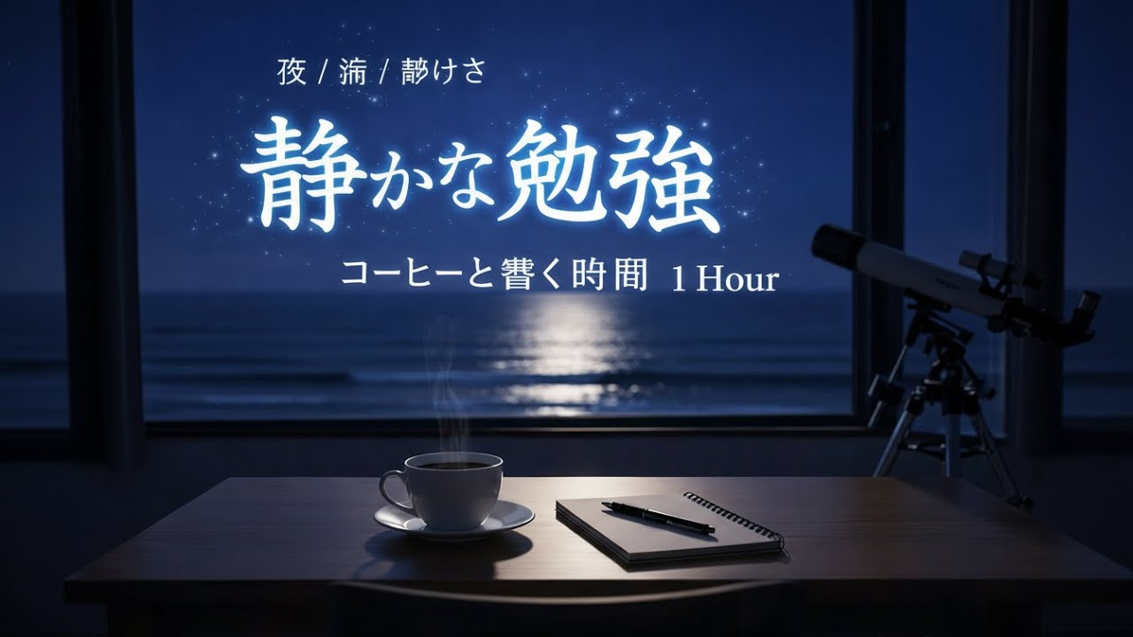 【勉強・作業用BGM】夜の海を眺めながらコーヒーと書く静かな勉強時間《1 Hour》【作業用BGM / 集中 / リラックス】[No Ads]