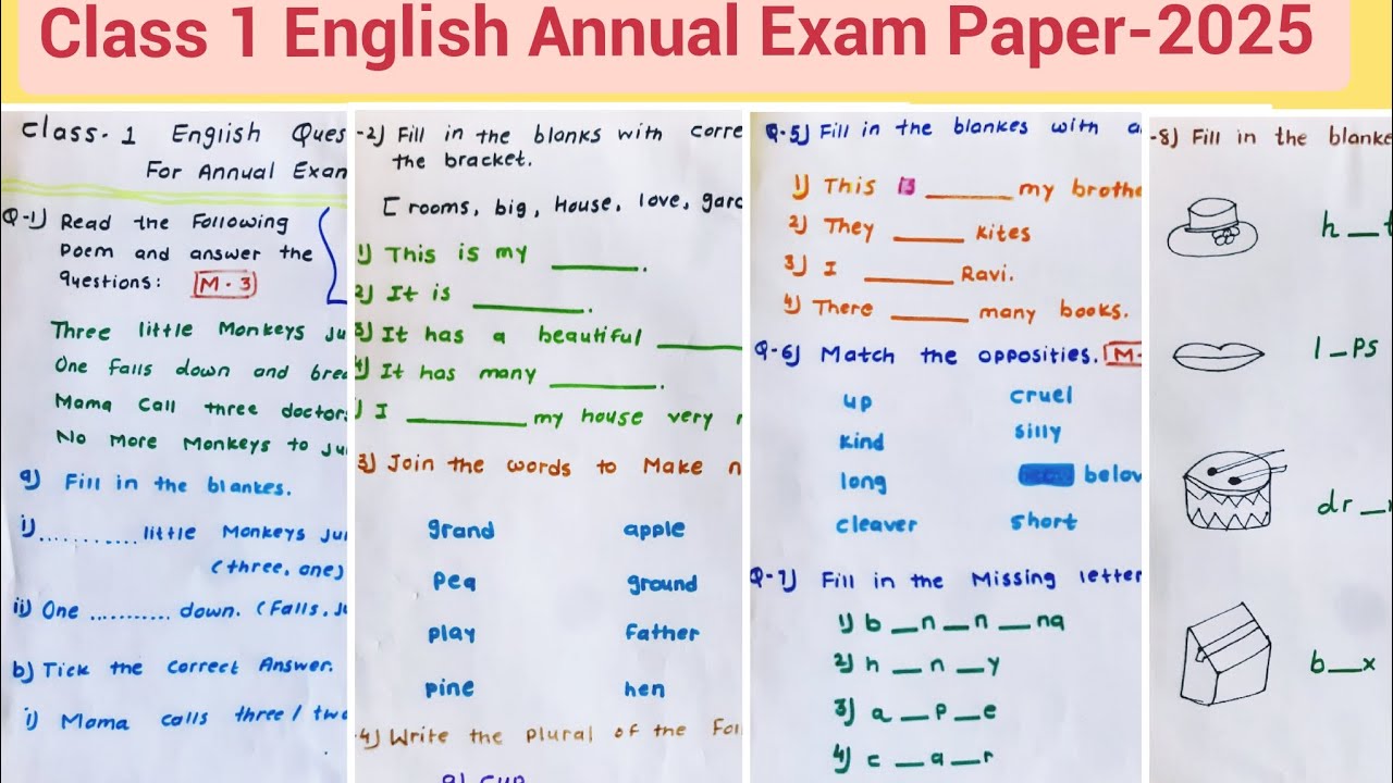 Class 1 English Annual Exam Paper 2025/ Class 1 Annual Exam Question paper English/Class 1 English