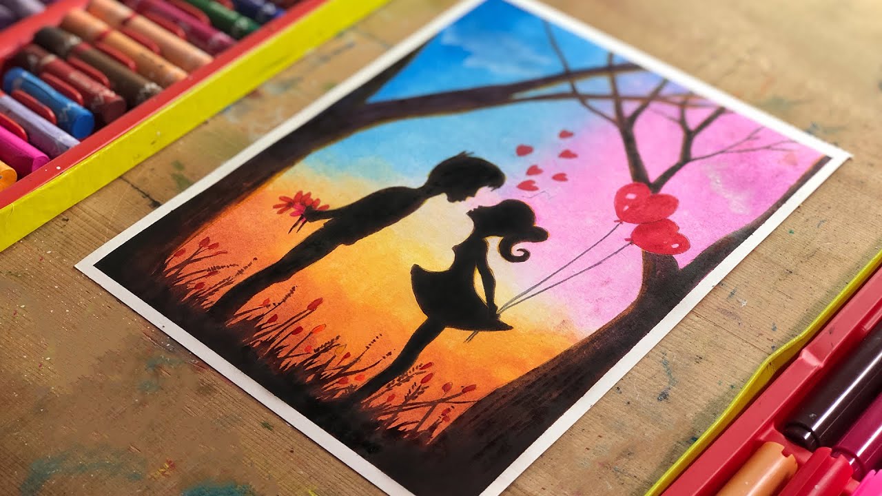 How to draw Romantic couple with Oil Pastel- Easy Steps | Valentine's day Special drawing | Slow Ver