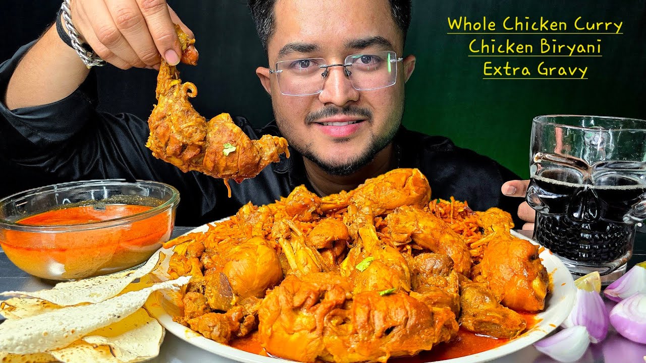 Spicy Full Chicken Curry with Chicken Dum Biryani, Extra Gravy, Papad, Coke | MUKBANG | Big Bites