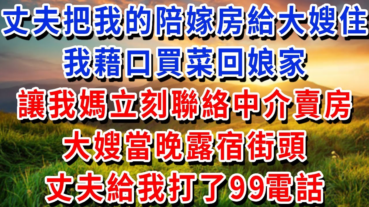丈夫把我的陪嫁房給大嫂住，我藉口買菜回娘家，讓我媽立刻聯絡中介賣房，大嫂當晚露宿街頭，丈夫給我打了99電話！#書婷講故事 #為人處世#生活經驗#情感故事#晚年哲理#說故事#完結文