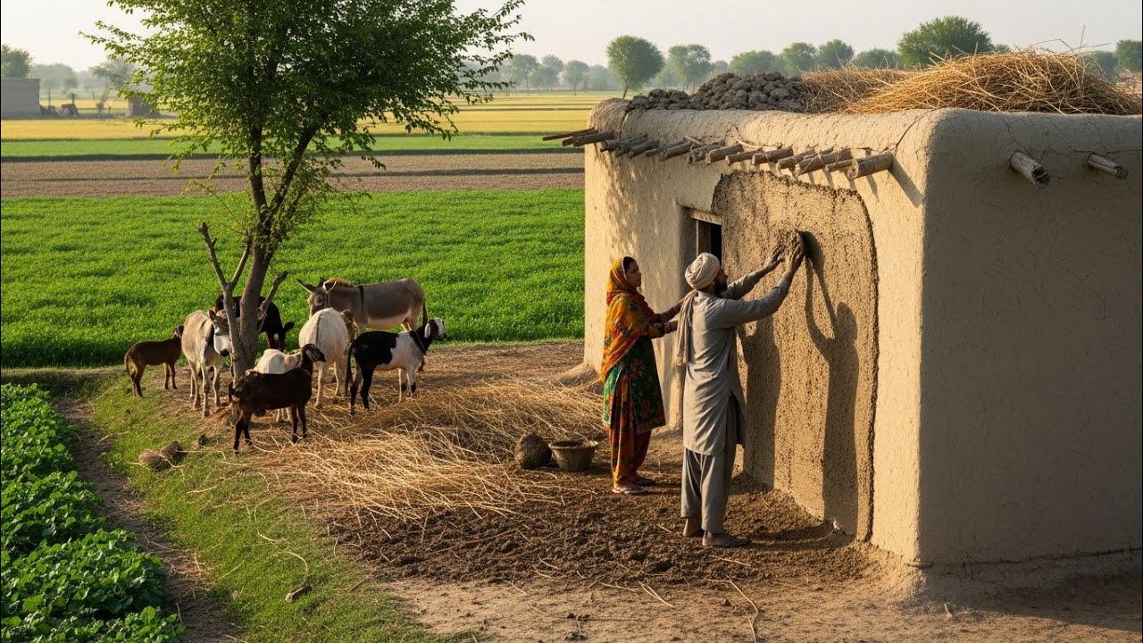 Real Village Life in Punjab Pakistan | Mud House Plastering & Farming Near Bhakkar