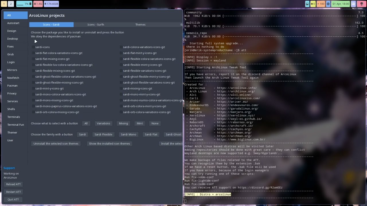 ArcoLinux : 3421 ATT and Wayland - ArchLinux Tweak Tool works on Wayland now - Hyprland, Sway, ...
