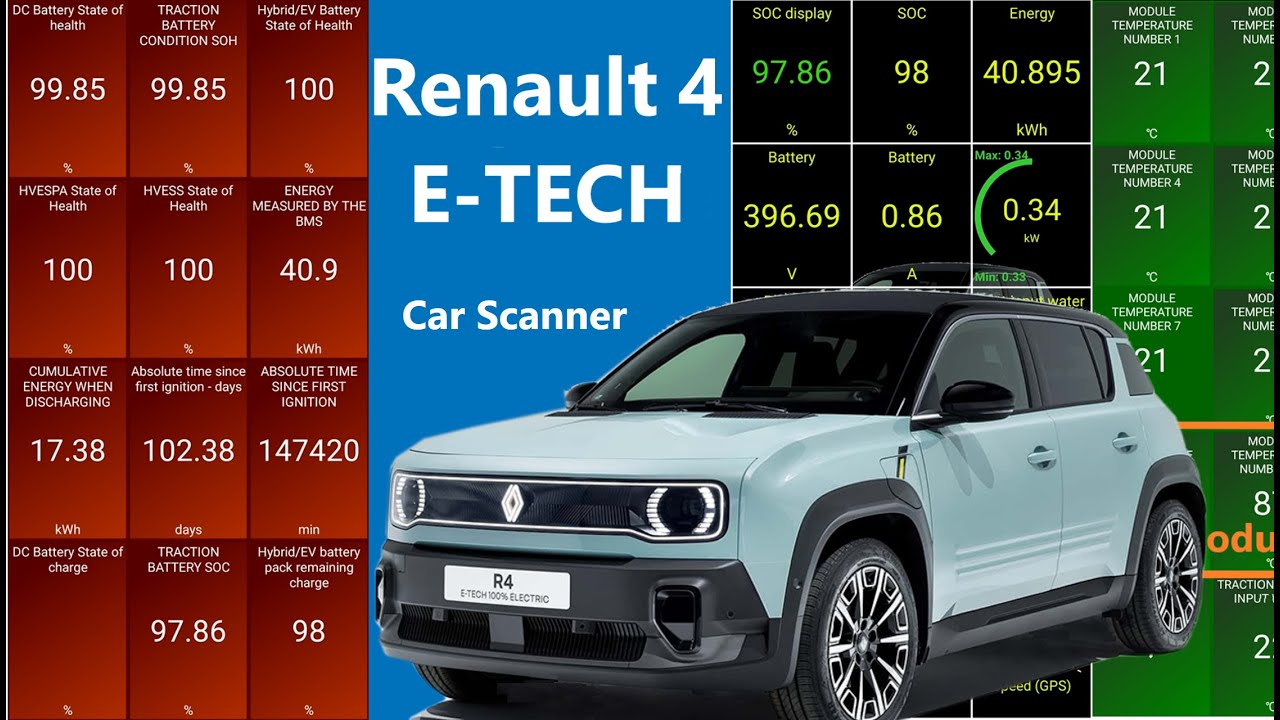 Renault 4 E-TECH 40 kWh secrets 🔋 SOH, battery temperature, energy kWh | Car Scanner ELM OBD2