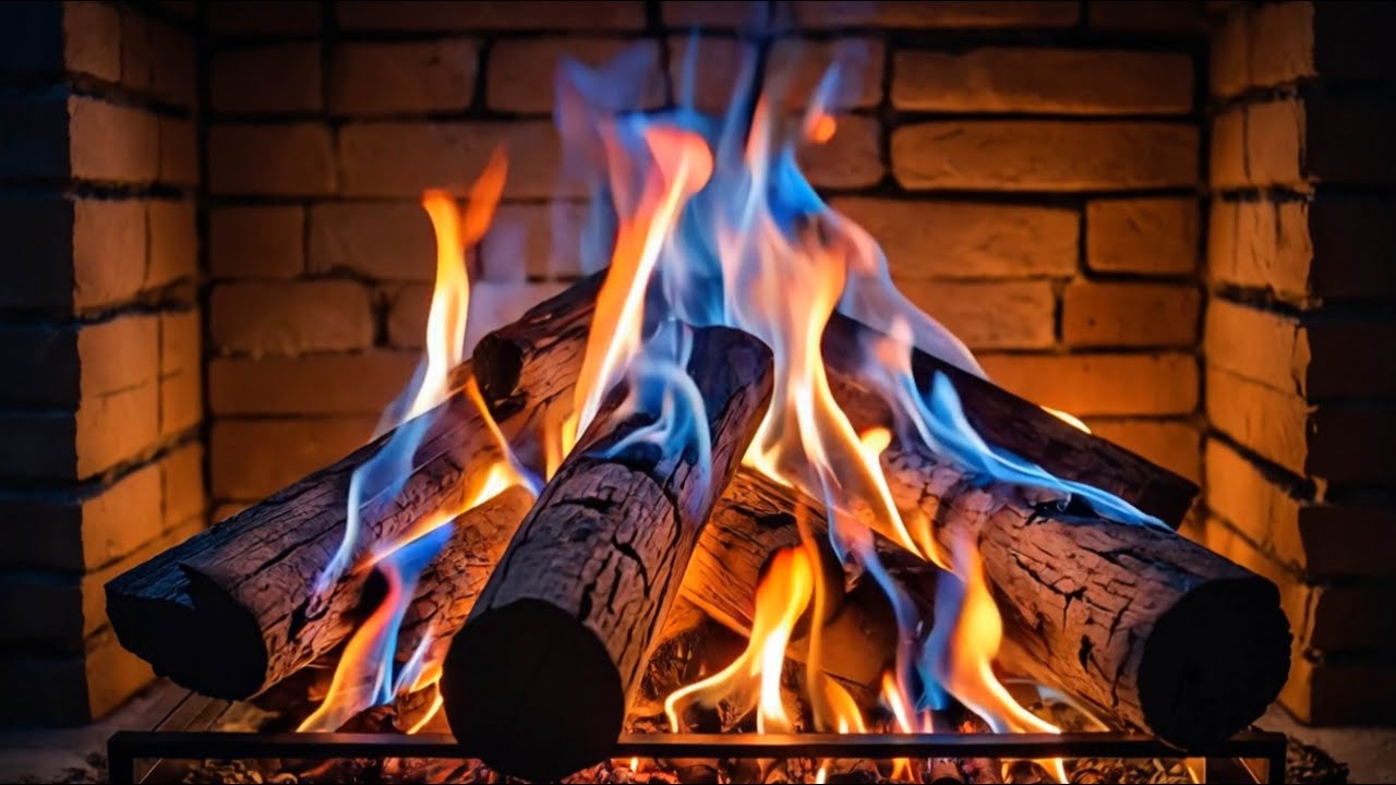 🔥 Feel the Calm of a Brick Fireplace with Soft Crackling Blue and Orange Flames