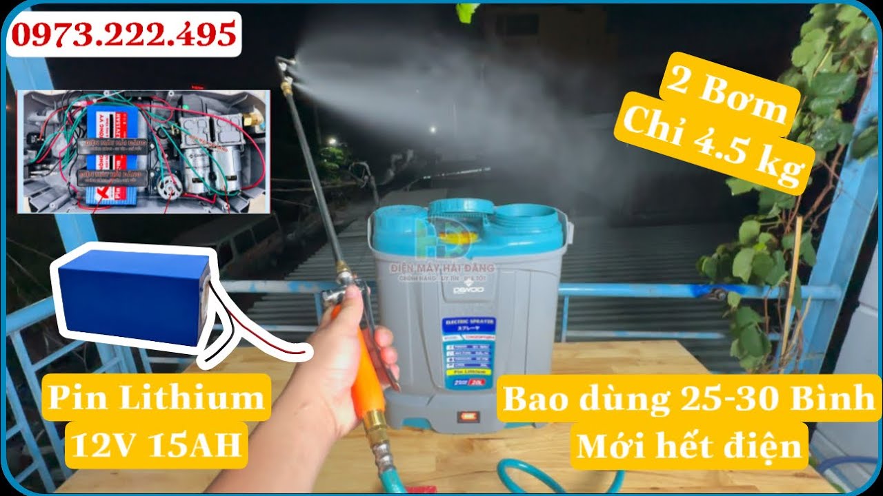 Bình xịt điện Dewoo 2 Bơm. Dùng Pin Lithium 12V 15AH