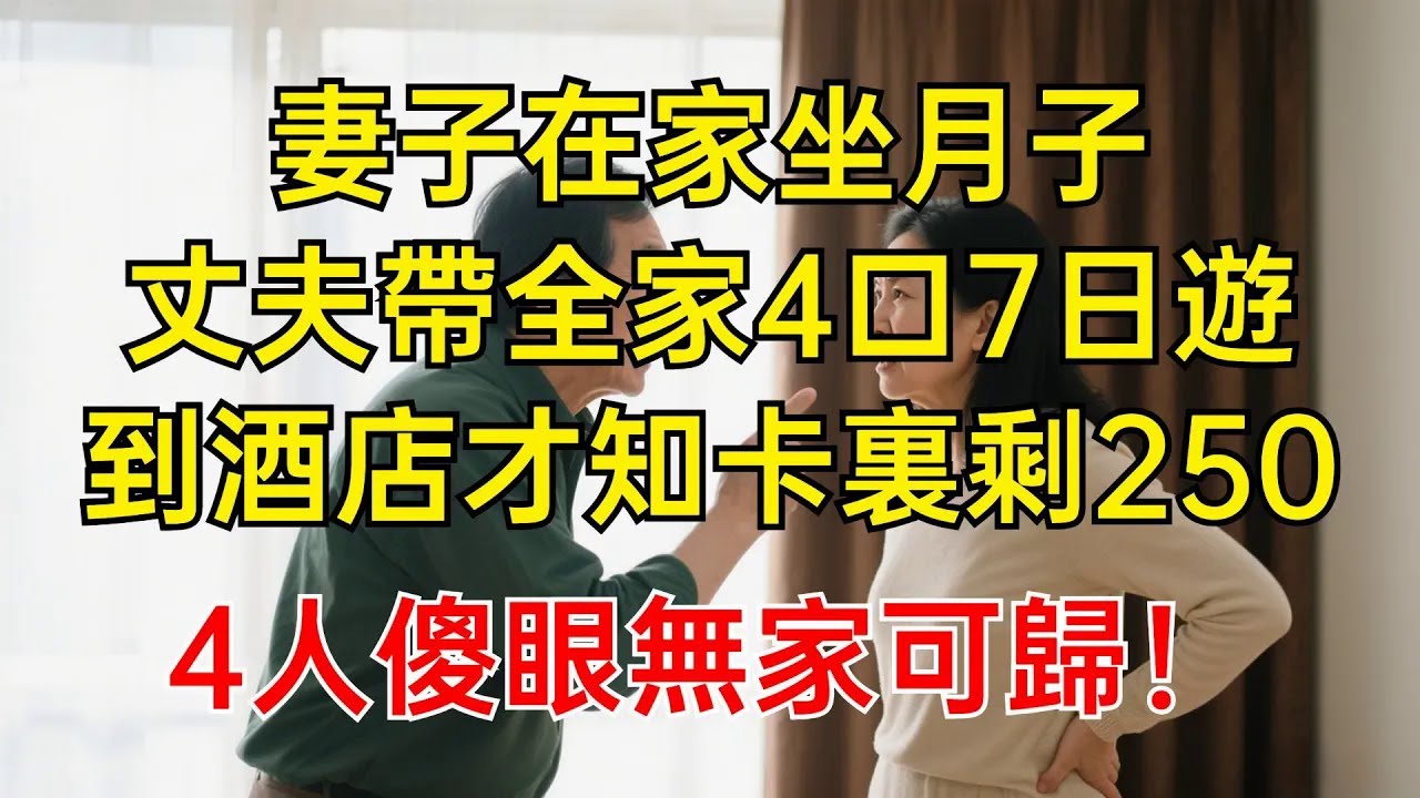 妻子在家坐月子，丈夫帶全家4口7日遊，到酒店才知卡裏剩250，4人傻眼無家可歸！#故事分享 #情感故事 #有聲書 #家庭倫理#爽文故事