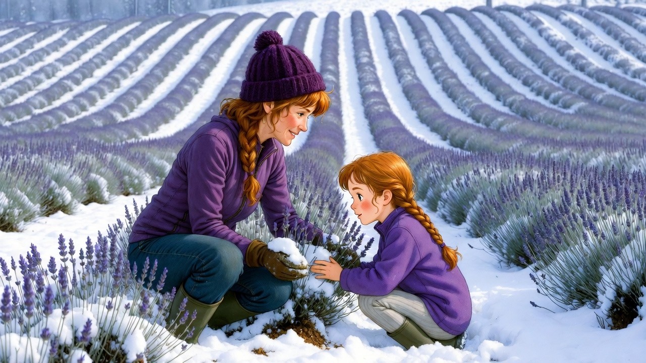 A Mother and Her Children on the First Snow Morningof the Lavender Farm | Ghibli Animation