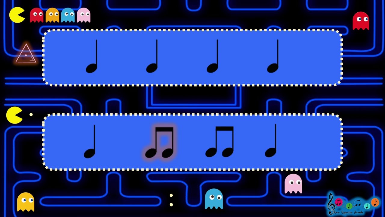 Ritmograma pacman. negra, silencio de negra, pareja de corcheas