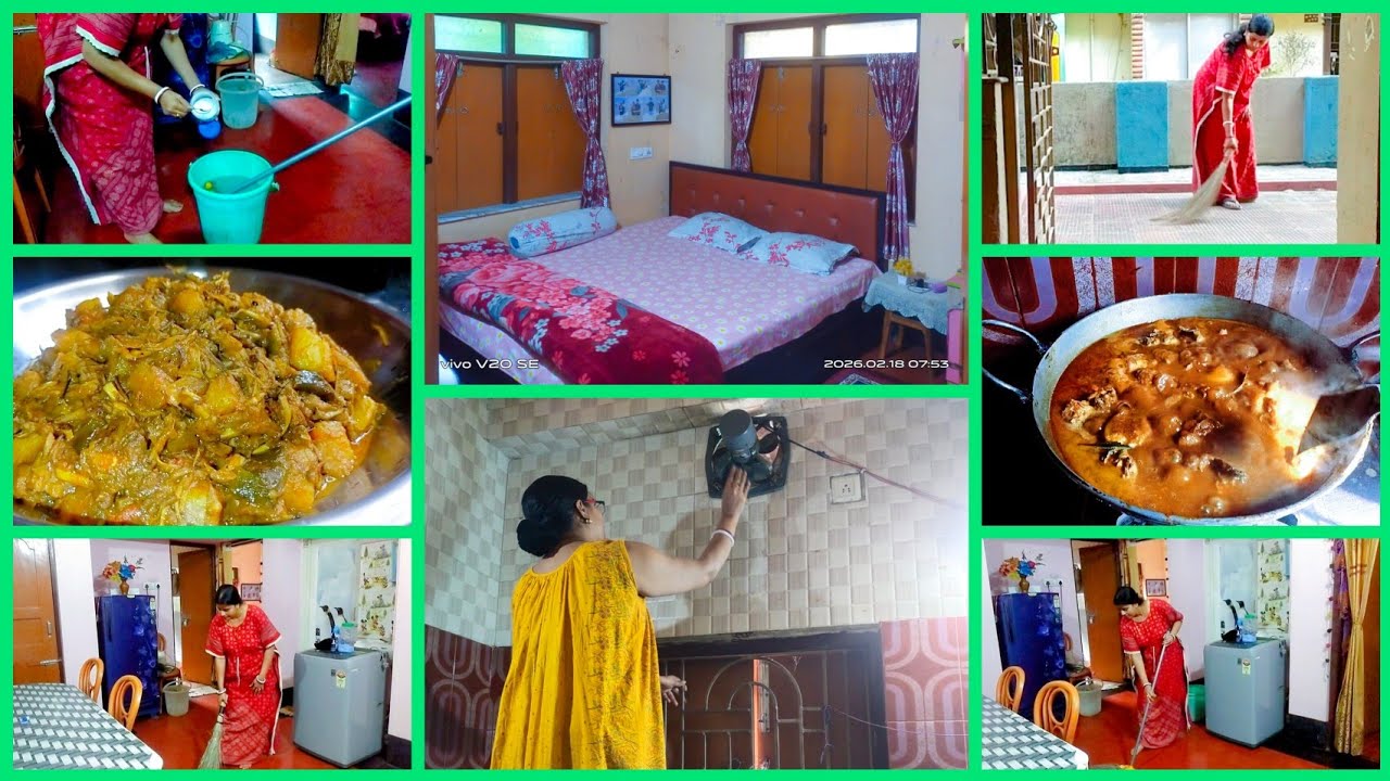 🏡Bengali Vlogs#সকাল ৬টায় ঘুম থেকে উঠে সংসারে বাসি কাজ পূজো +cooking+kitchen room deep clean