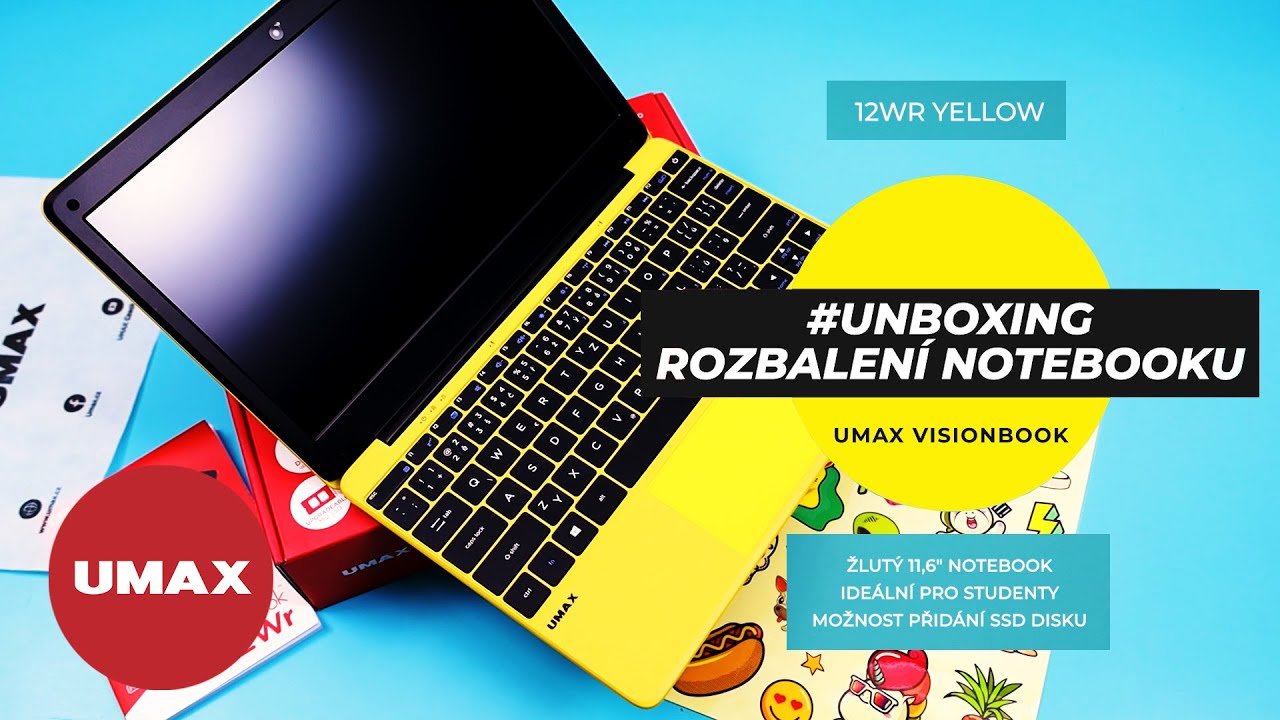 Žlutý notebook UMAX Visionbook 12Wr Yellow / Samolepky na ozdobení / Lehký, kompaktní / Pro studenty
