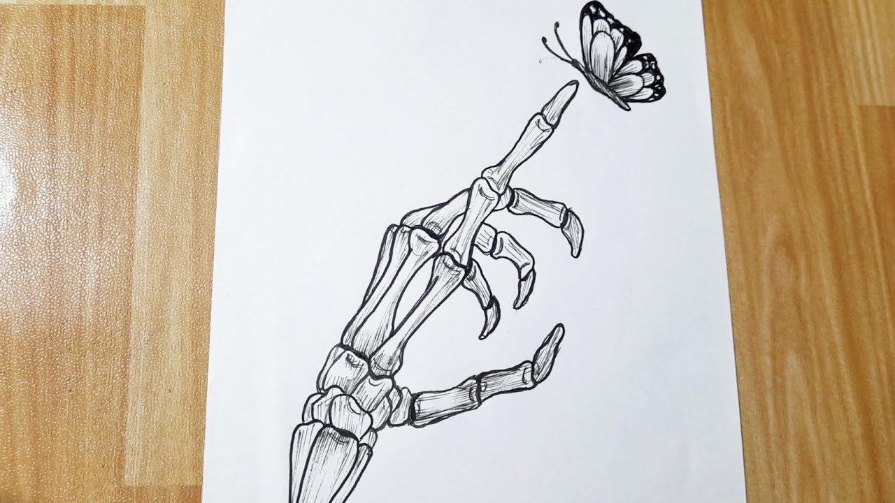 How to draw a skeleton hand with butterfly || Skeleton Drawing