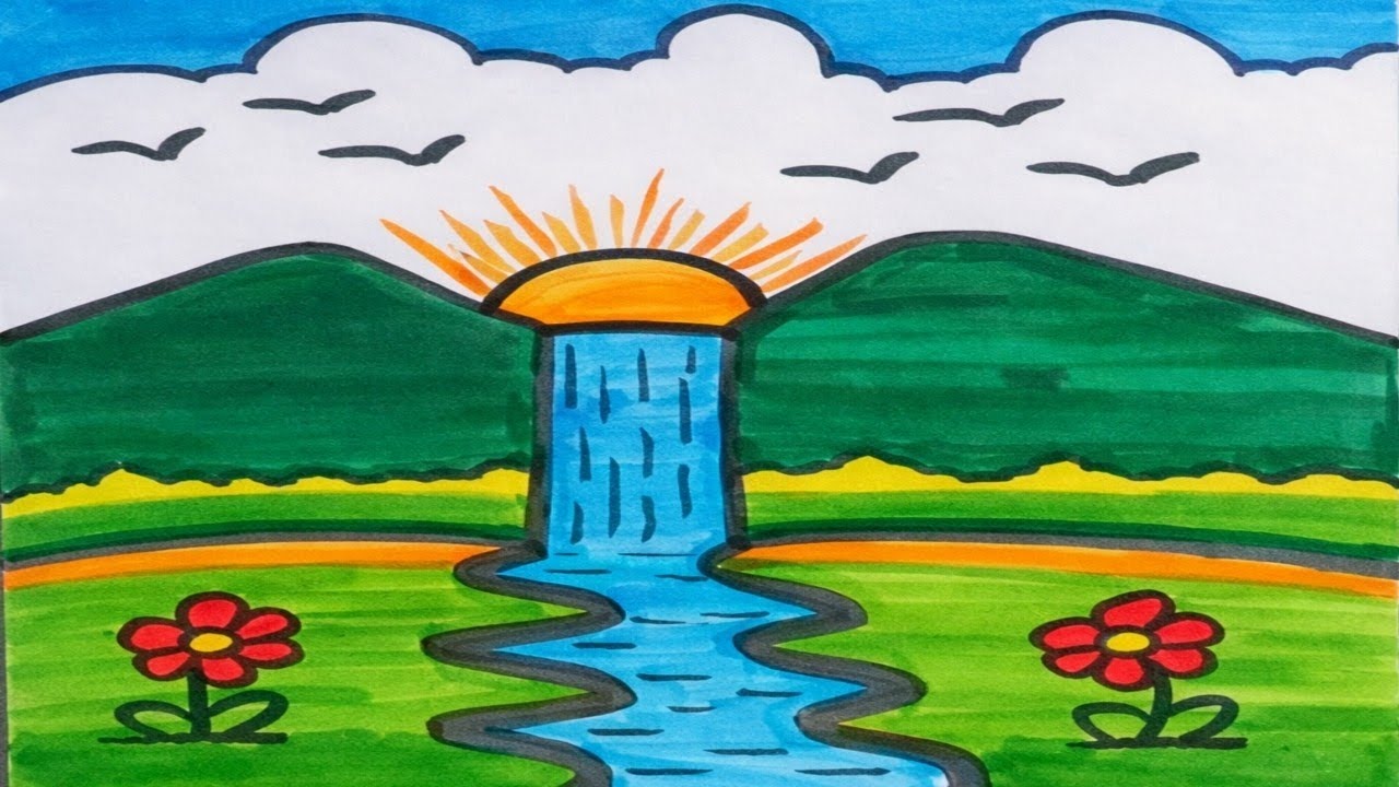 Waterfall Scenery Drawing | Easy Nature Landscape for Beginners | Step by Step Art