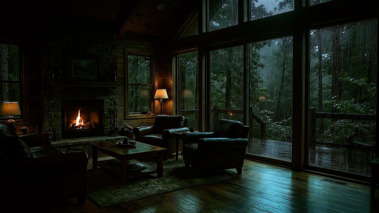 Cozy Rainy Night in Forest Cabin 🌧️🔥 Rain on Windows & Fireplace Sounds for Deep Sleep (No Ads)