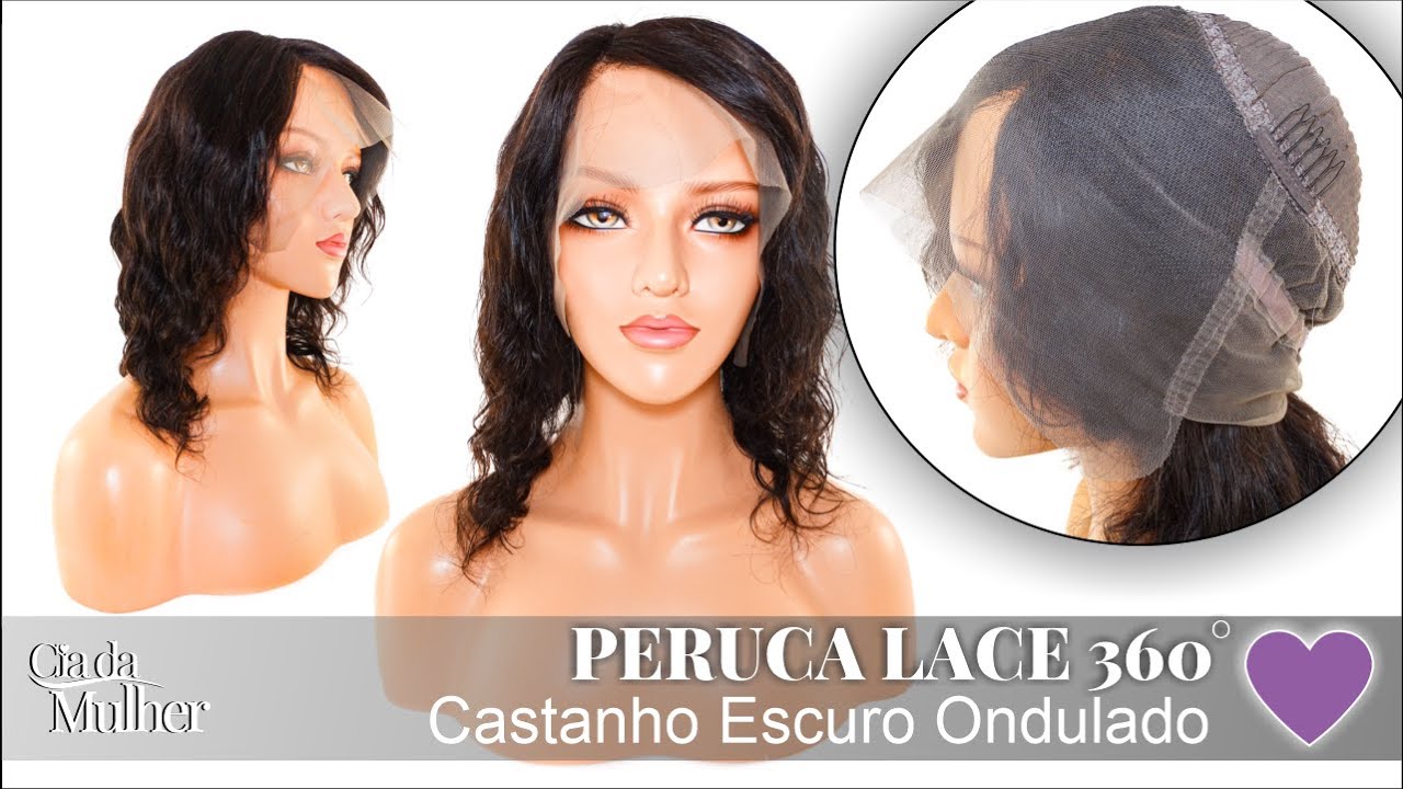 Peruca Lace 360° Cabelo Humano Castanho Escuro Ondulado 40cm