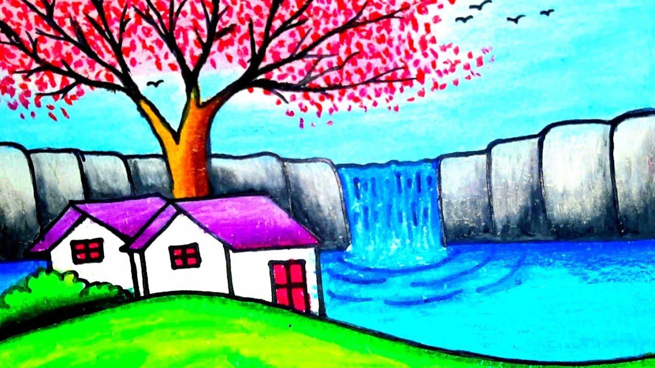 Scenery Drawing || Waterfall Scenery drawing ||  Drawing of nature
