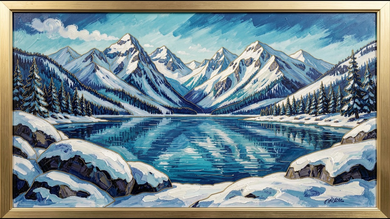 Low Angle Winter Peaks Lake frame tv art 4k with music | tv screensaver