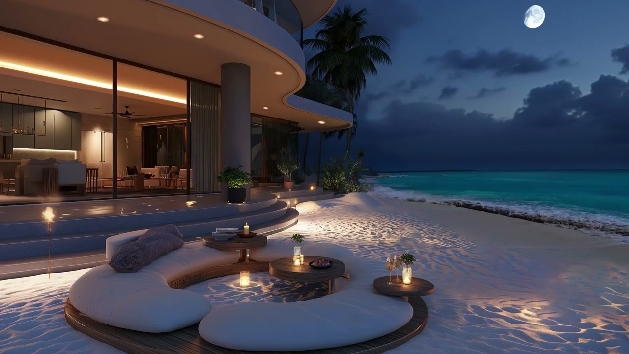 Luxurious Beach Villa at Night 🌙  Gentle Sea Waves & Crickets | Sleep & Unwind