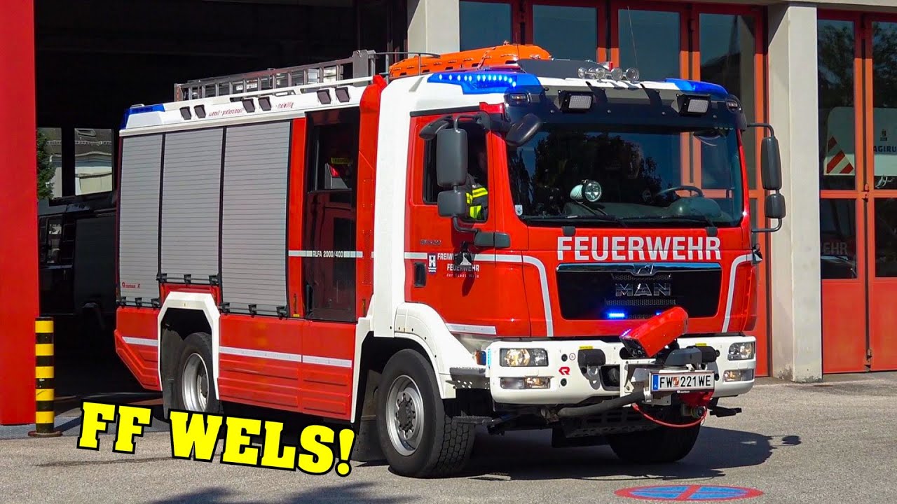 [Sirenenprobe & Einsatzfahrt!] - Freiwillige Feuerwehr Wels | Ausrücken RLF-A mit Presslufthorn!