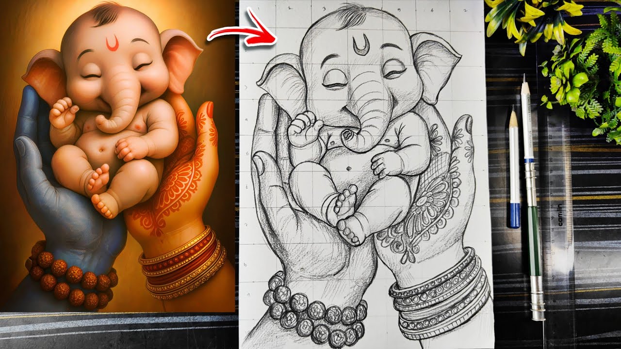 Cute Ganesha Drawing, How To Draw Little Baby Ganesh Sleeping On Shiv Parvati Hand, Ganapati Drawing