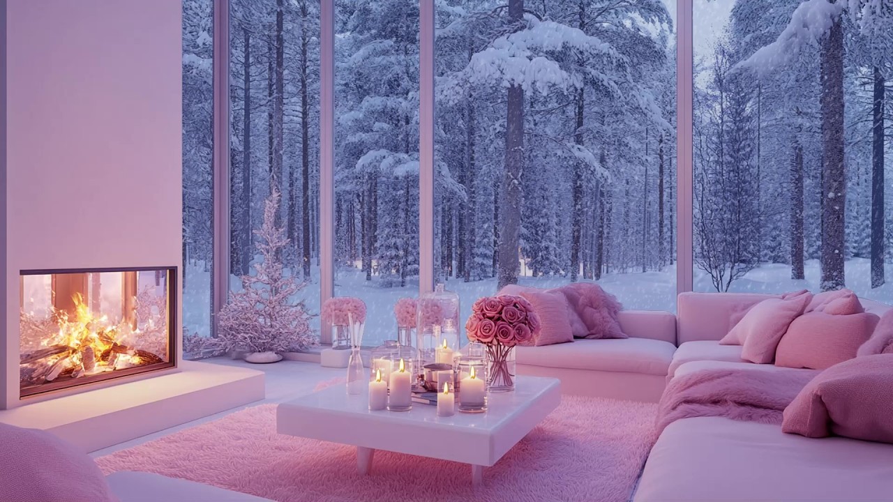🪵🎹 Winter Timber Piano Lounge View | Snow Outside & White Flowers | Clear Mind and Calm
