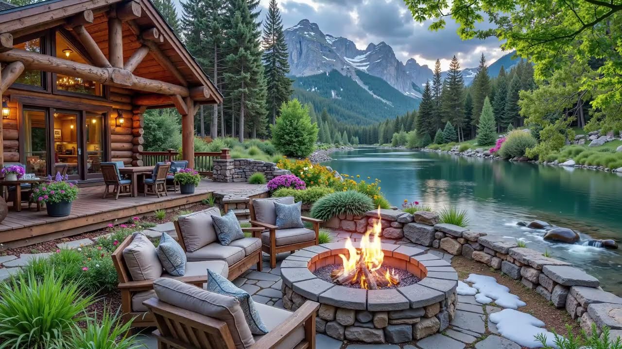 Cozy Cabin Lakeside Firepit Morning | Relaxing Piano Music & Birds Sounds For Relaxation, Unwind