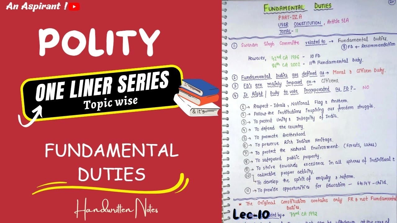One Liners (Topic wise) || Indian Polity || Fundamental Duties --Lec. 10 || An Aspirant !