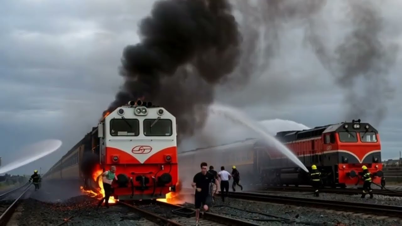 “Two Trains on Fire — People Running as Firefighters Arrive and Spray Water”
