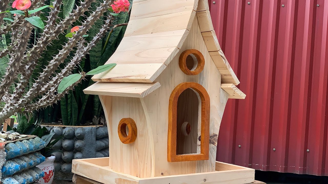 Bird Home - Unique Handmade Solid Wood Birdhouse with Feeder, Nest with Beautiful Natural Colour
