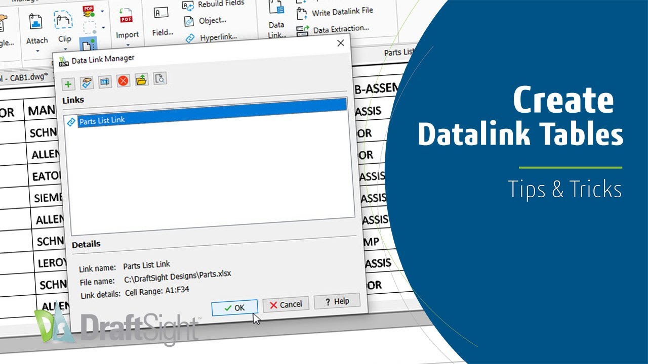 Create Datalink Tables in Draftsight