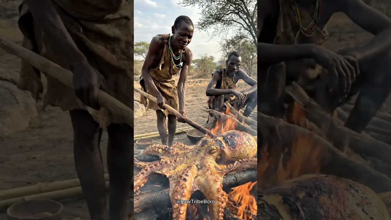 Giant Octopus Roasted Over Fire 🔥 Wild Tribal Cooking #shortsviral #wildfood #shortsfeed