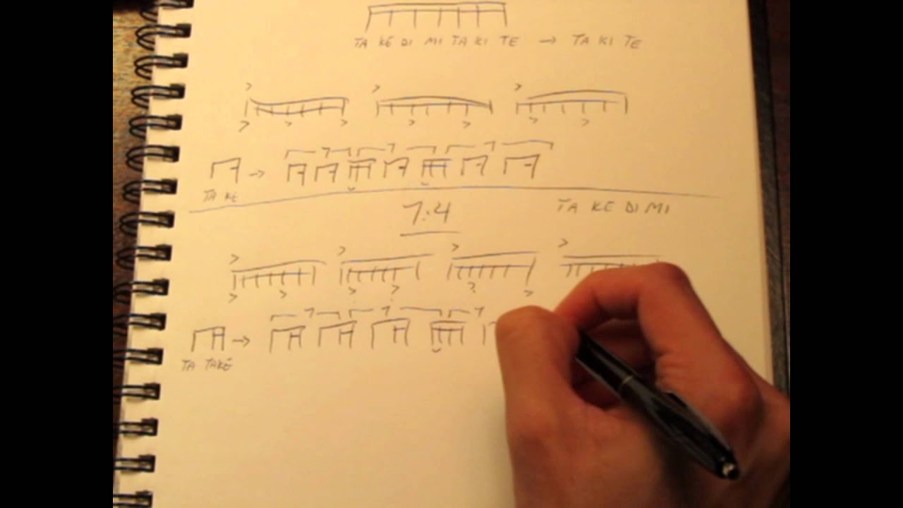 rhythmic phrases in 7:3, 7:4, and 7:5