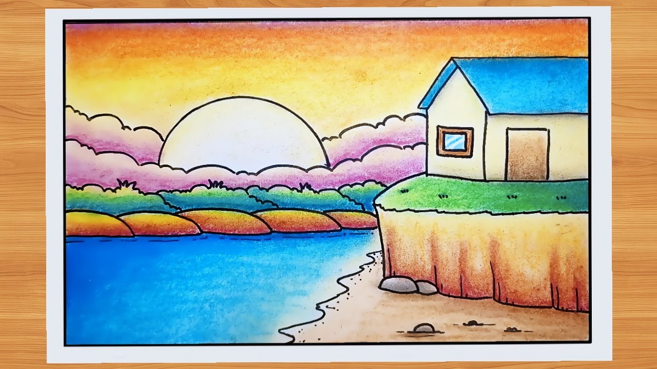 menggambar pemandangan rumah dan sunset yang mudah - menggambar rumah,pantai dan sunset disorehari