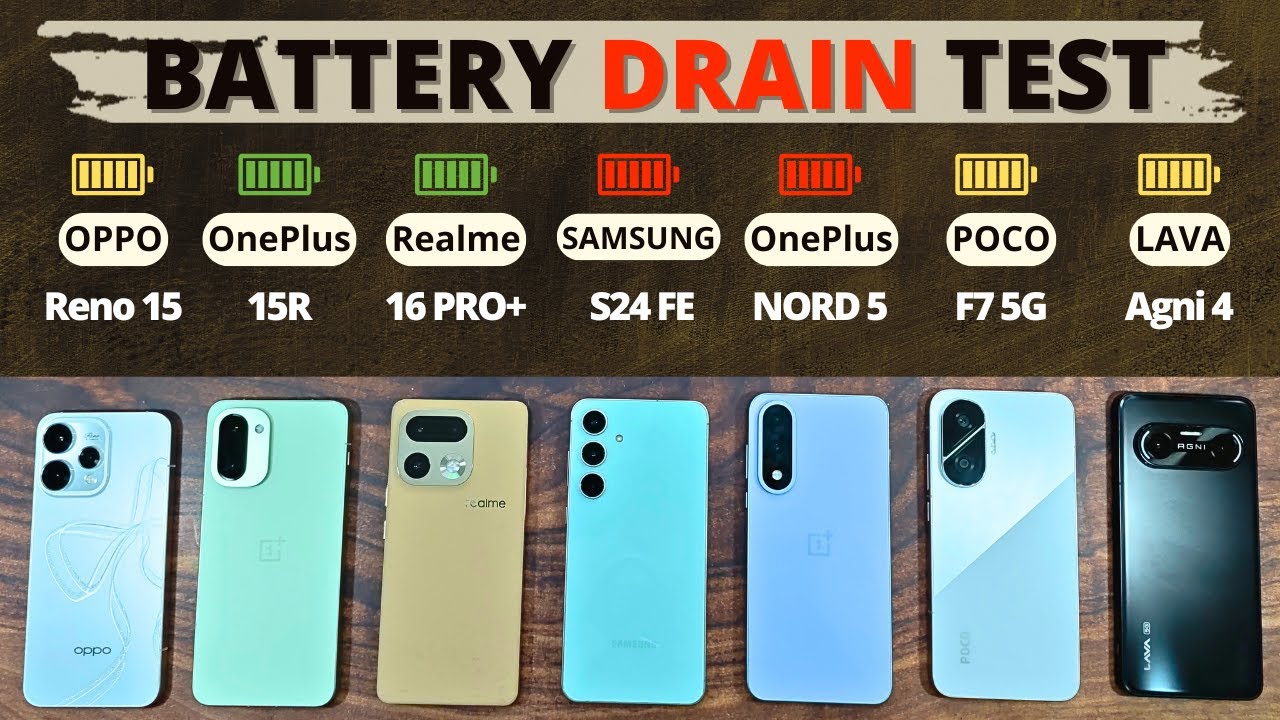 OPPO Reno15 vs OnePlus 15R vs Realme 16 Pro+ vs NORD 5 vs S24 FE vs POCO F7 vs Agni 4: BATTERY DRAIN