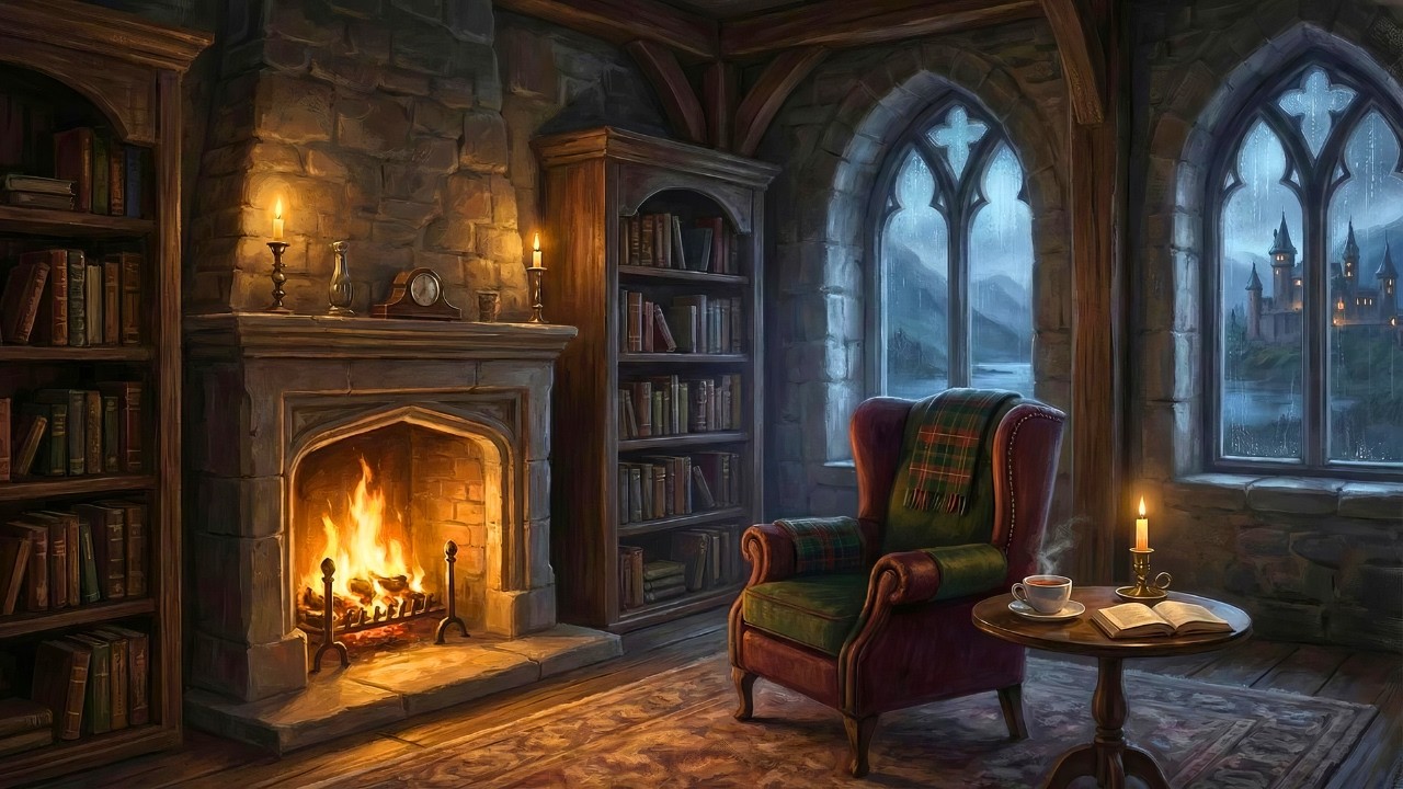 Scottish Castle Library at Night — Cozy Fireplace, Celtic Music & Highland Rain for Sleep