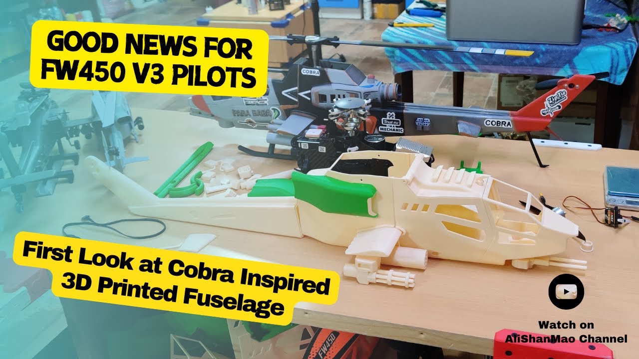 First Look at 3D printed Cobra Inspired Fuselage For FlyWing FW450 V3 Helicopter - Live