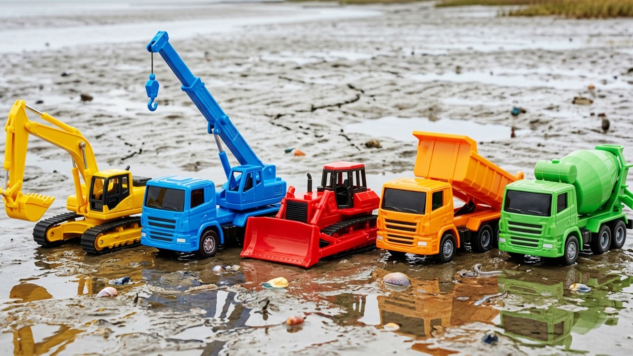 🐚 Construction Vehicles in Giant Clam Shells! 🚜 Learn Colors for Kids  Mudflat Surprise Toys