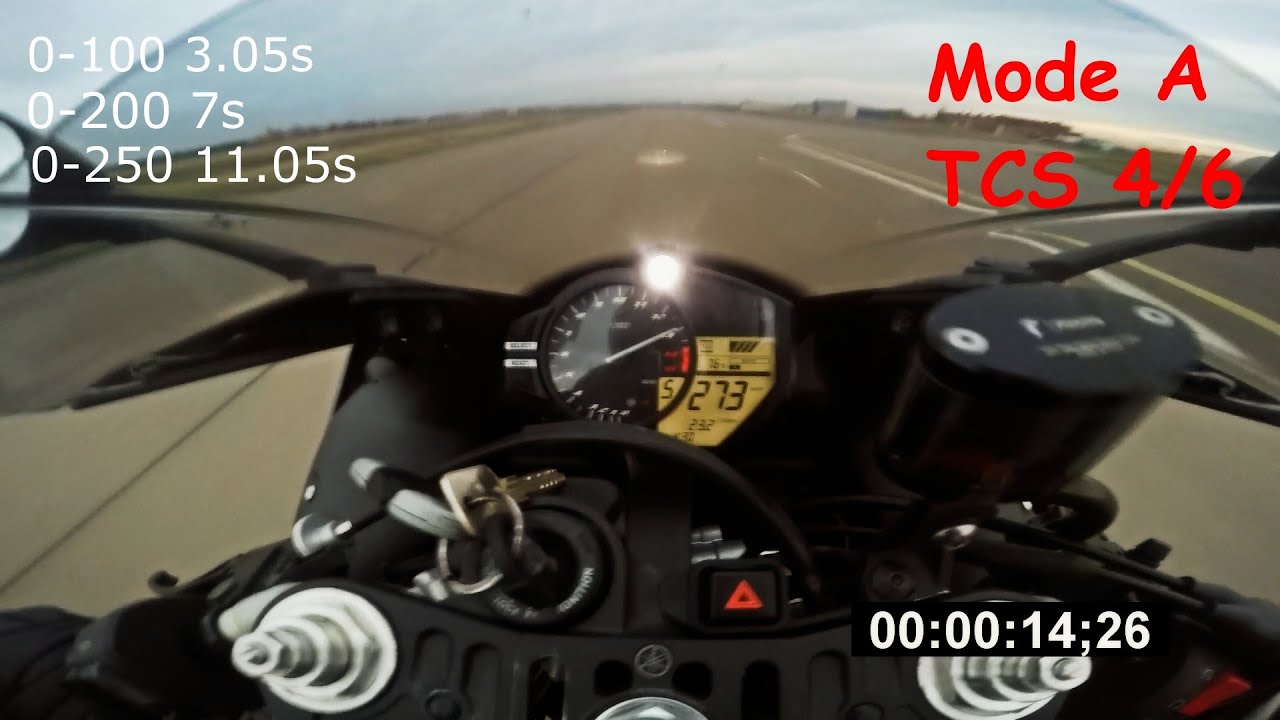 Yamaha R1 2012 acceleration, TCS | MODE tests 0-100, 0-200, 0-250